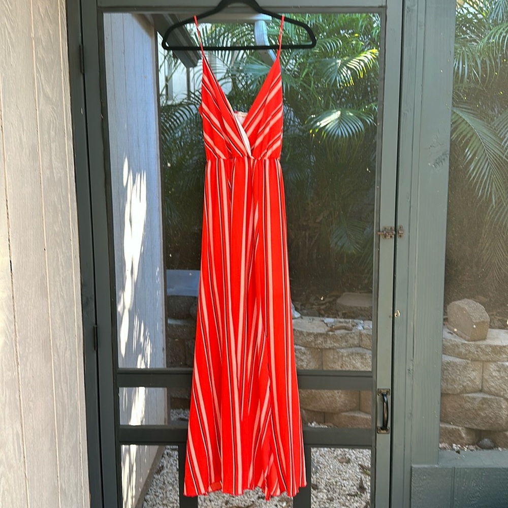 Red Maxi Striped Dresss with Two Slits